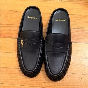 Saint Laurent Black Leather Slip-On Loafers with Gold Accent